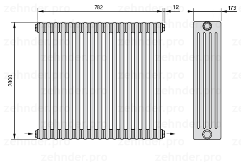 Схема (чертеж) Радиатор Zehnder Charleston 5280/17 №2670 Белый глянцевый RAL 9016